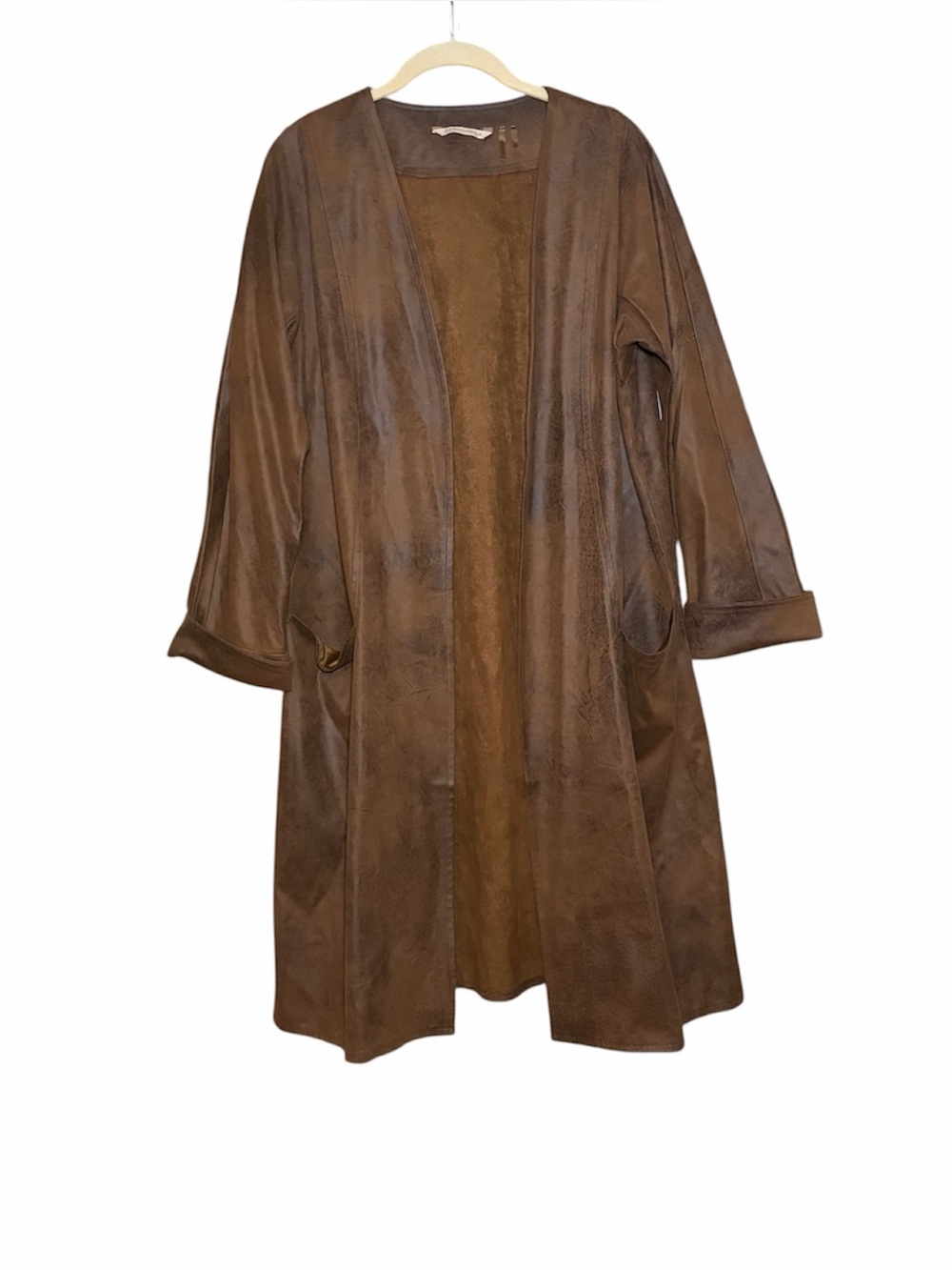 Soft Surroundings Faux Leather Cognac Brown  Open Duster Jacket Pockets L